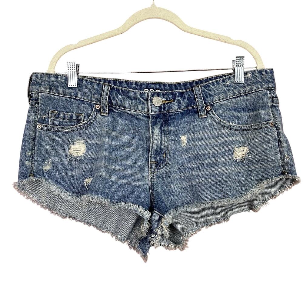 BDG Low-Rise Dolphin‎ Jean Shorts Blue Dark Wash Denim Cut-Offs, Fringe Size 30w